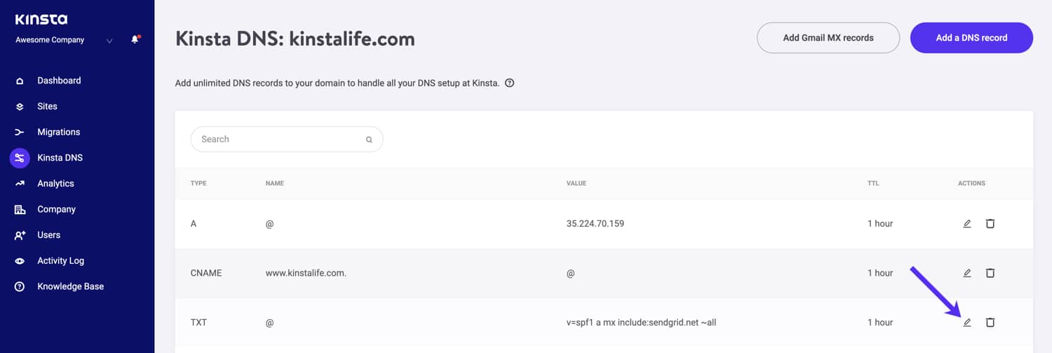 Edite seu registro TXT em MyKinsta