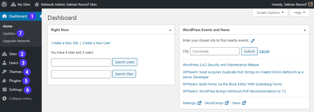 O painel de Network Admin inclui opções únicas para gerenciar a rede