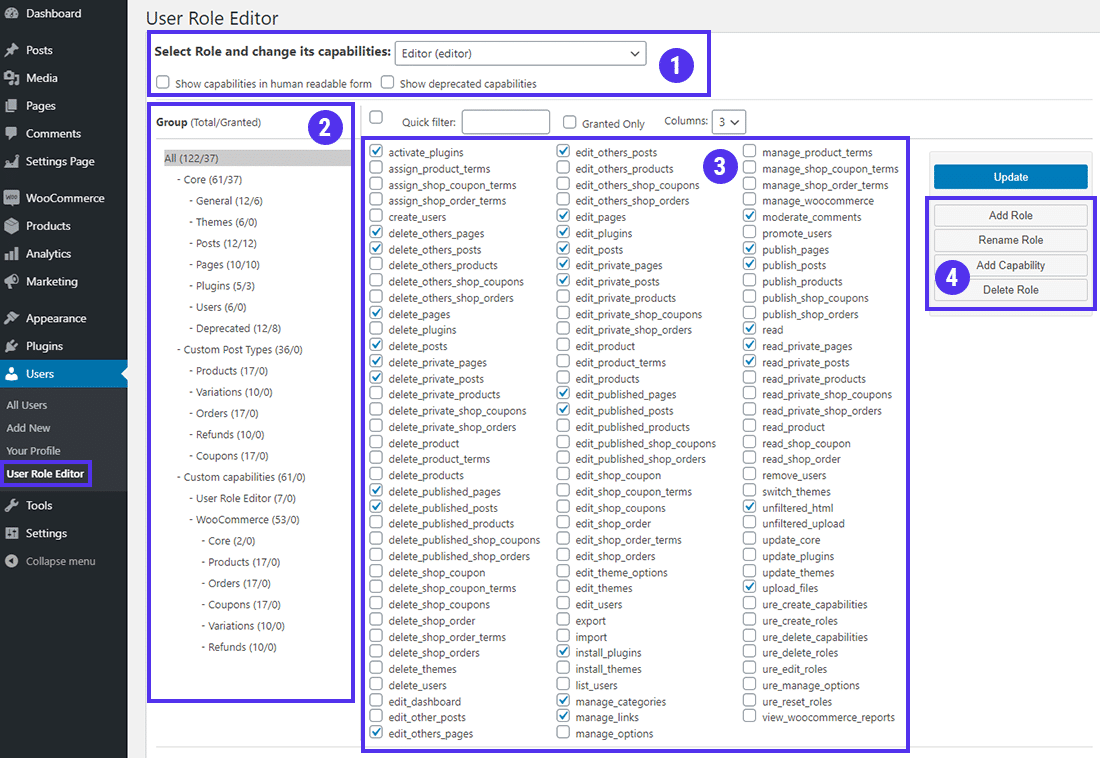 O painel de controle do User Role Editor