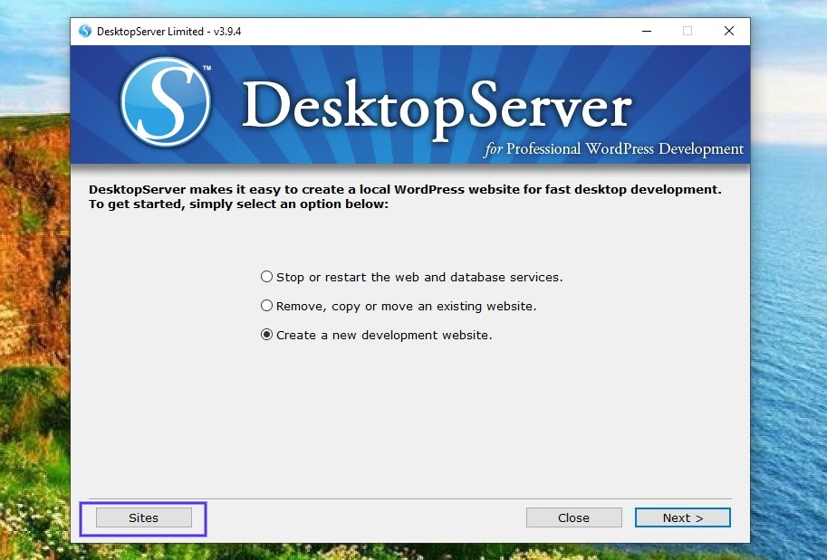 O botão 'Sites' na aplicação DesktopServer