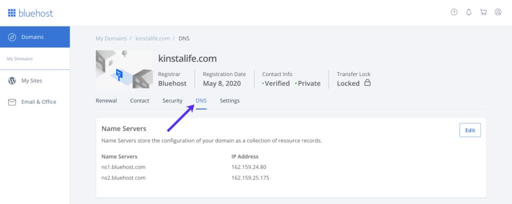Vá para a página de gerenciamento do DNS em seu painel Bluehost.