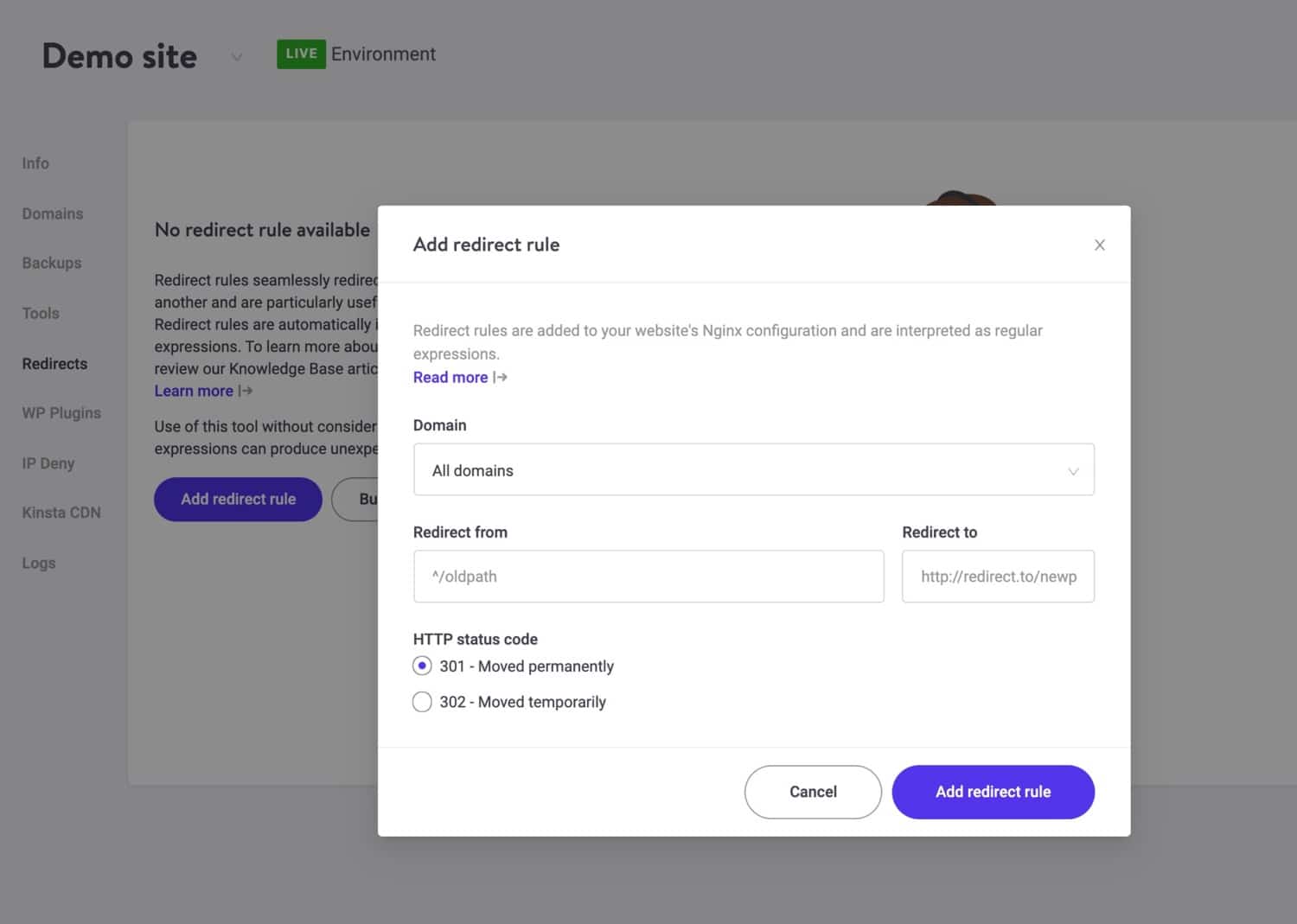 Criação de wildcard redirecionados em MyKinsta