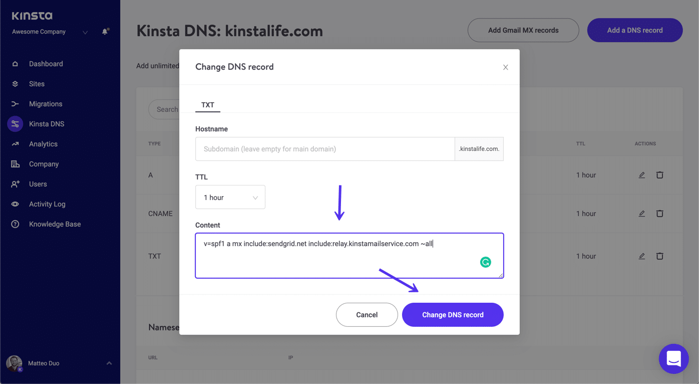 Atualize seu registro SPF TXT para incluir canais de e-mails no DNS Kinsta