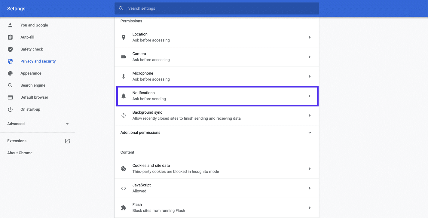 Configurações Chrome - notificações