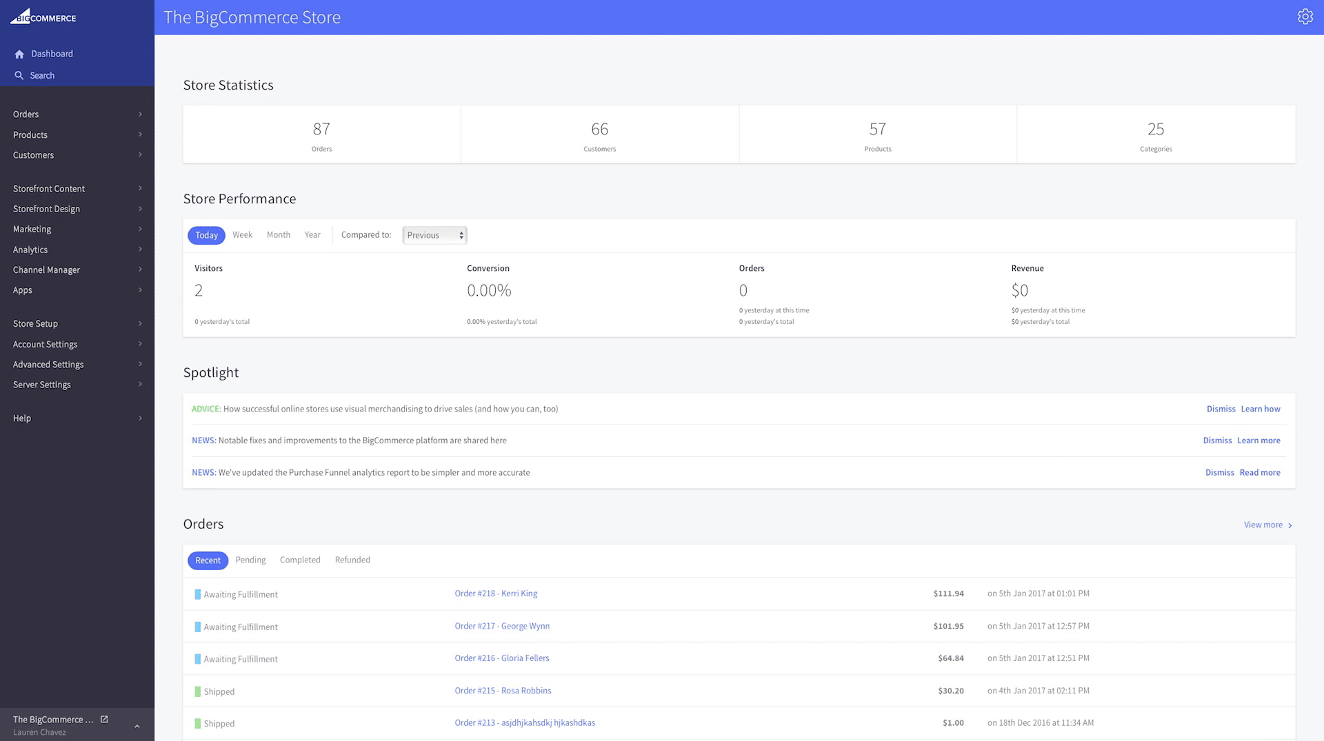 Painel de controle do BigCommerce