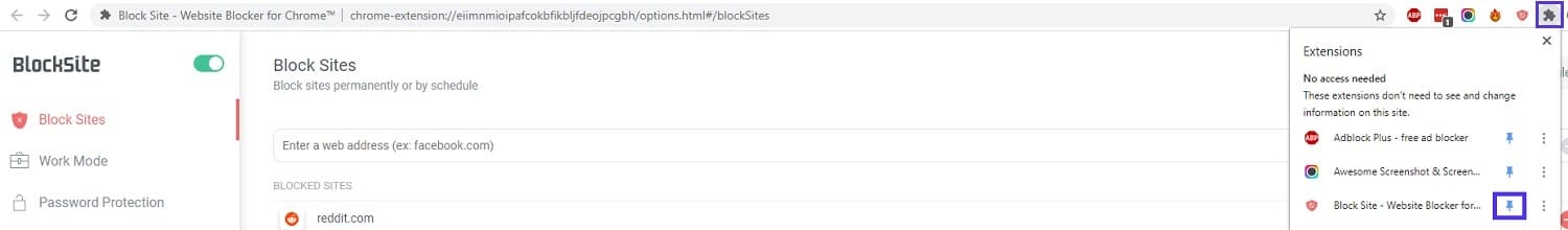 Pinning da extensão do BlockSite em Chrome