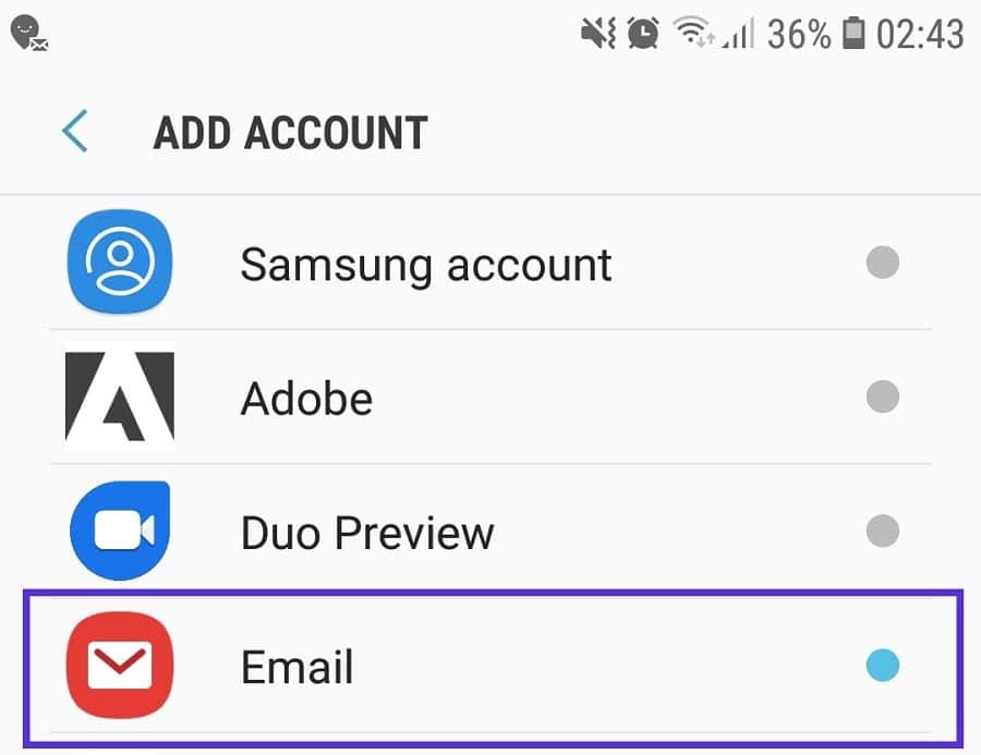 Samsung Email - adicionar conta