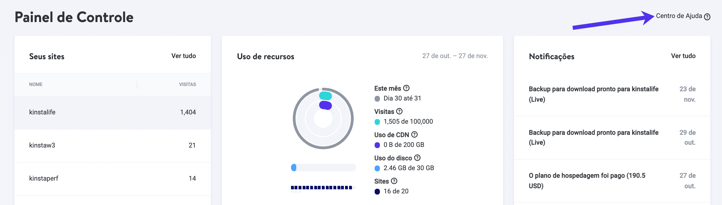 Acesso fácil ao Centro de Ajuda em MyKinsta