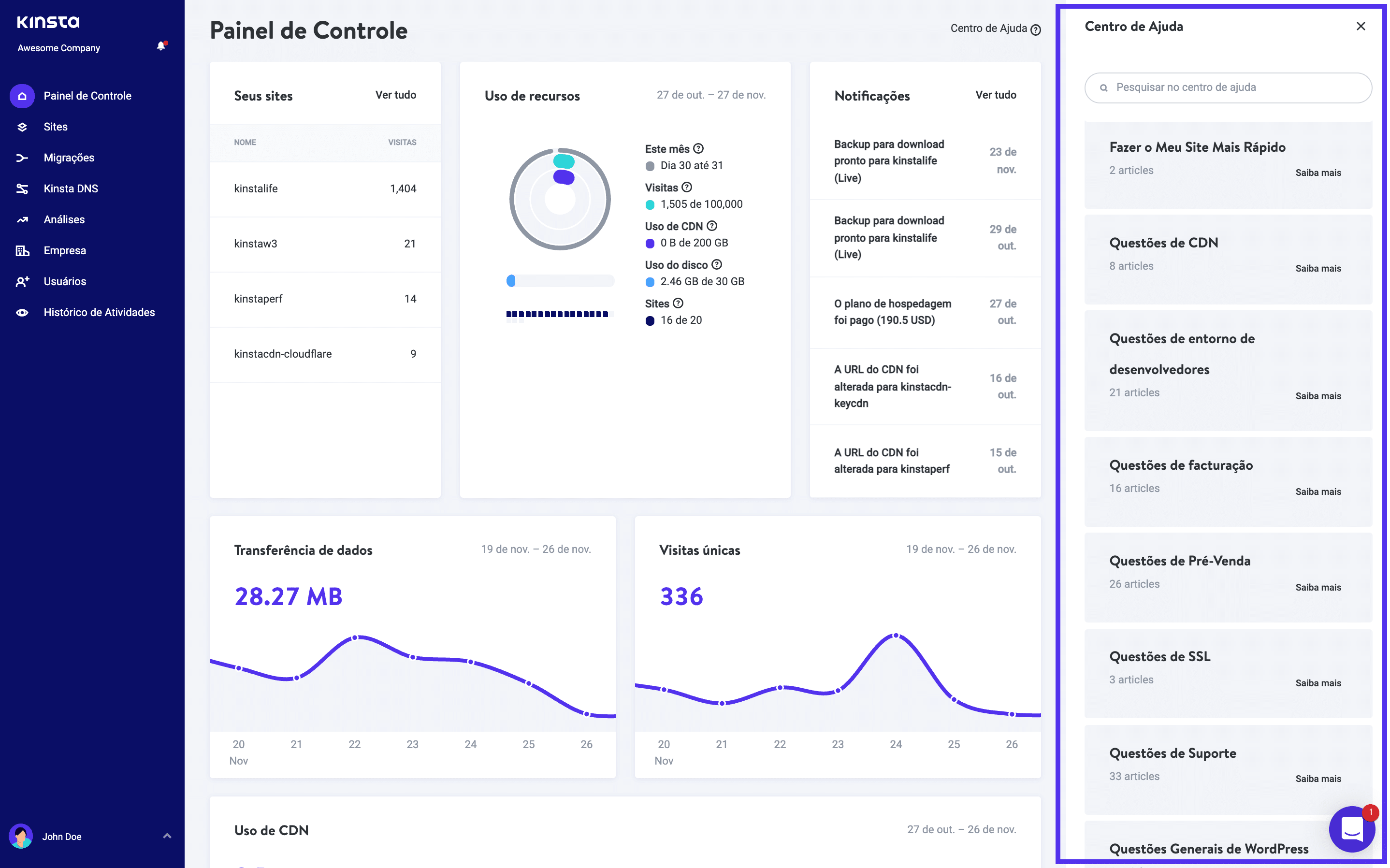 Centro de Ajuda exibe uma lista de Categorias quando no MyKinsta