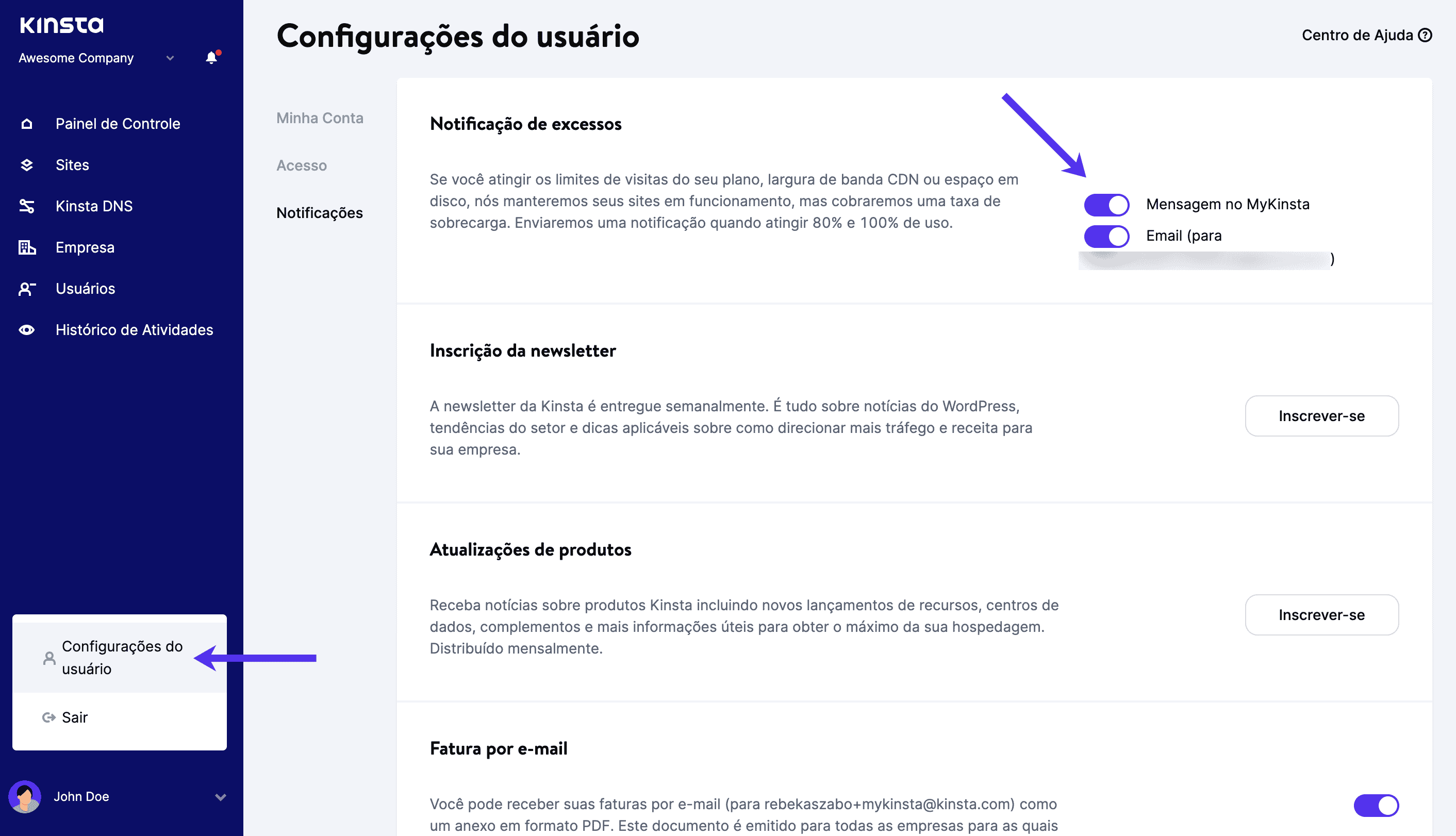 Ativar notificações de excesso