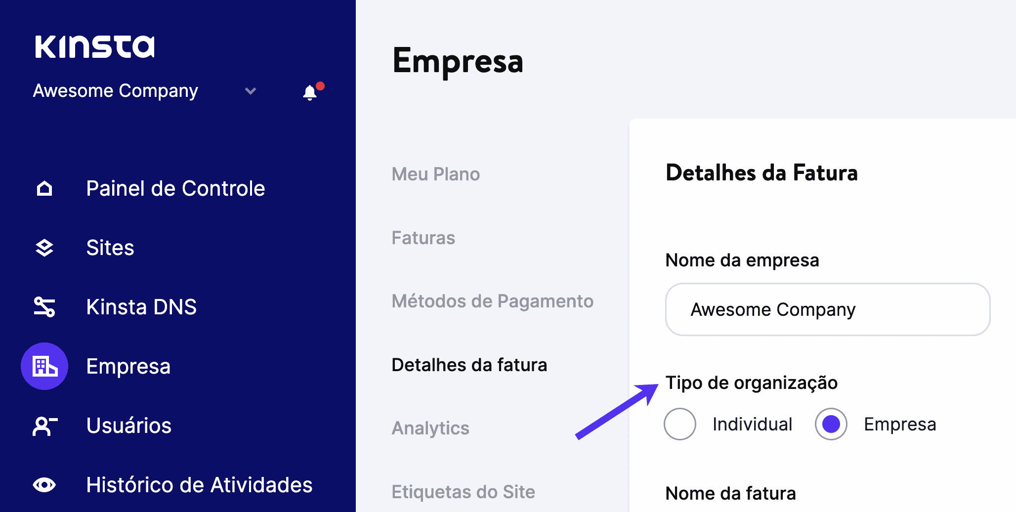Conta da empresa no MyKinsta.