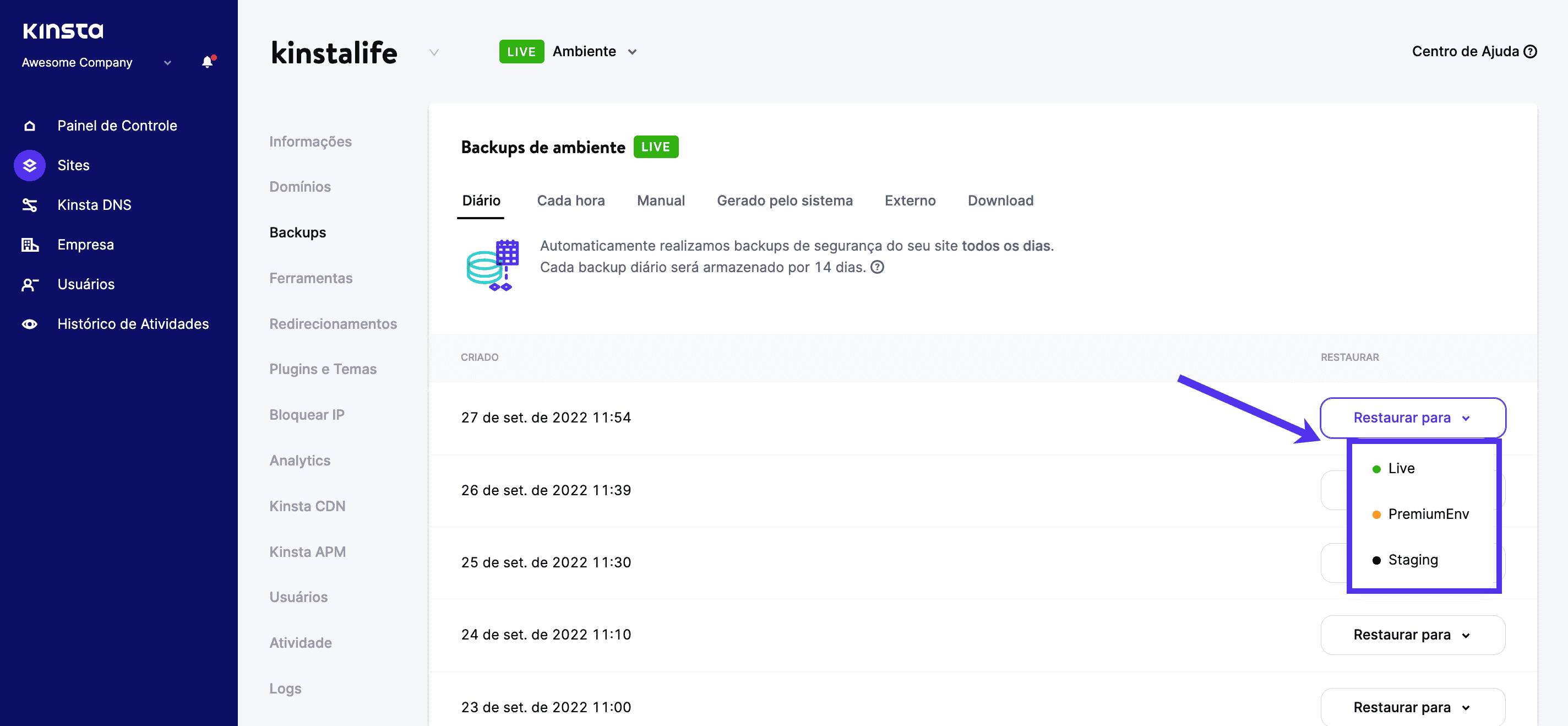 Restaure um backup de WordPress para seu ambiente de teste.