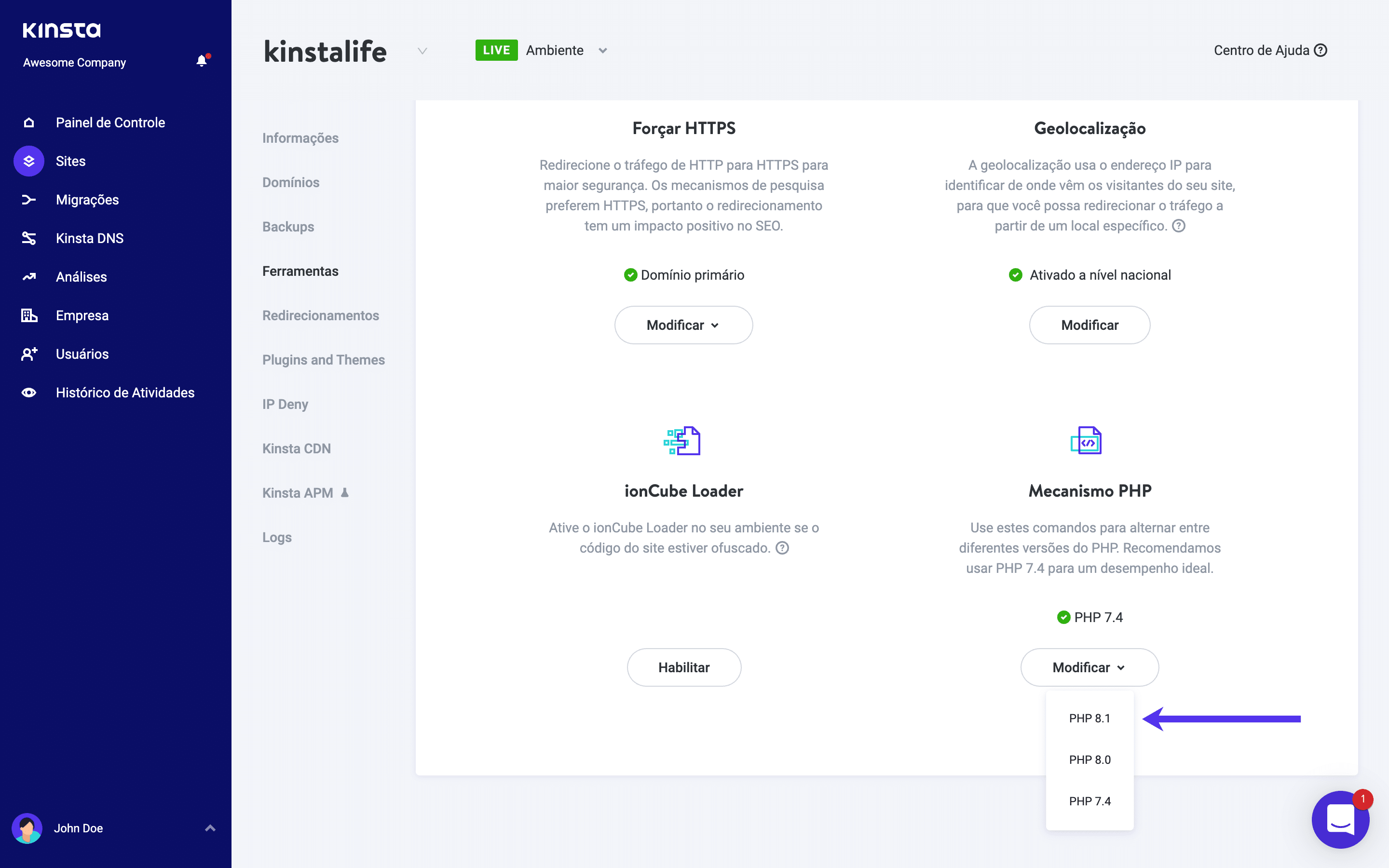 Mudando para o PHP 8.1 no MyKinsta