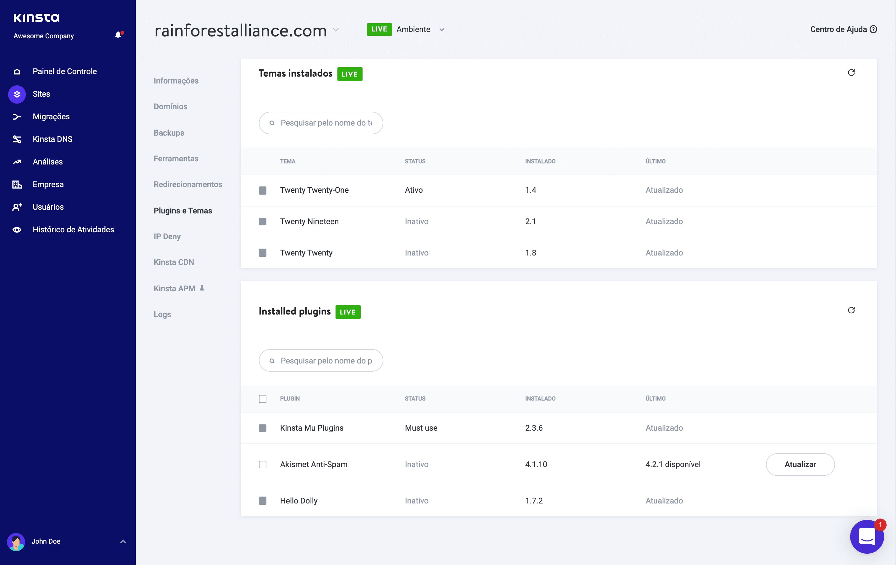 Veja plugins e temas no MyKinsta.