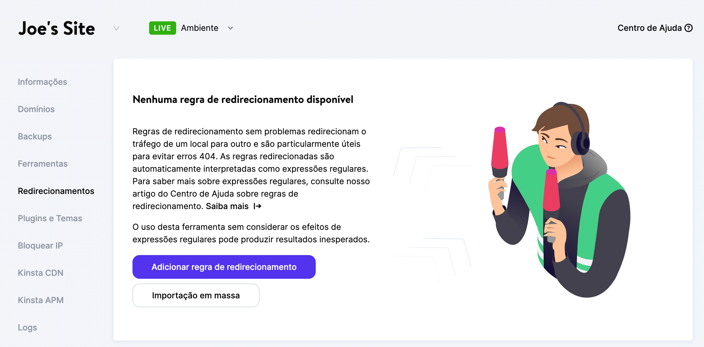 Adicionando regras de redirecionamento no MyKinsta.