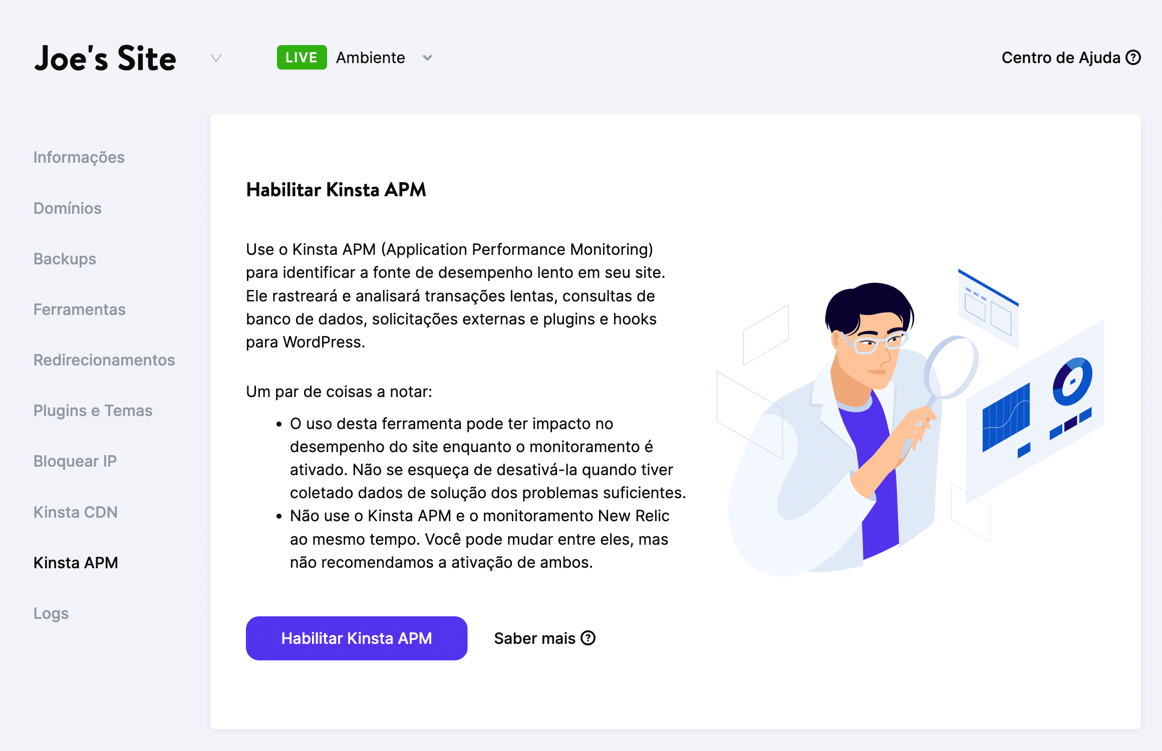 Habilitação do Kinsta APM no painel MyKinsta.