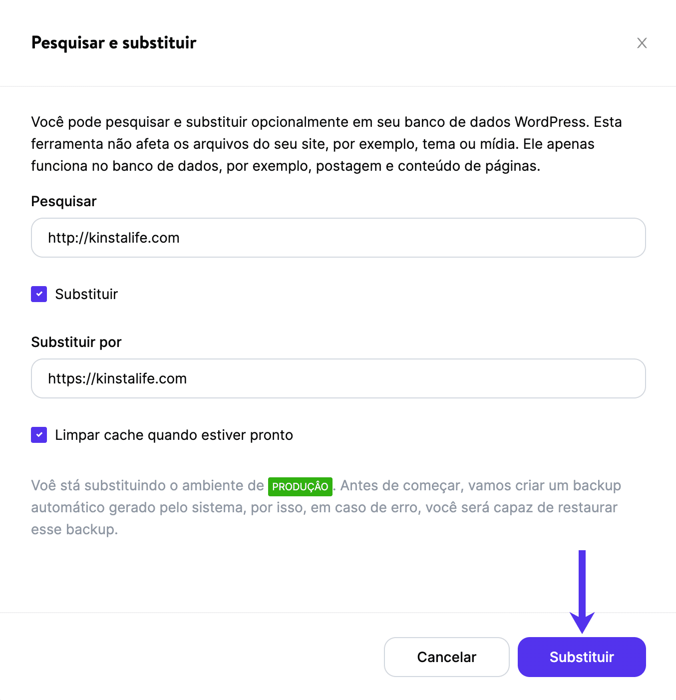 Usando a ferramenta 'Search and replace' no MyKinsta.