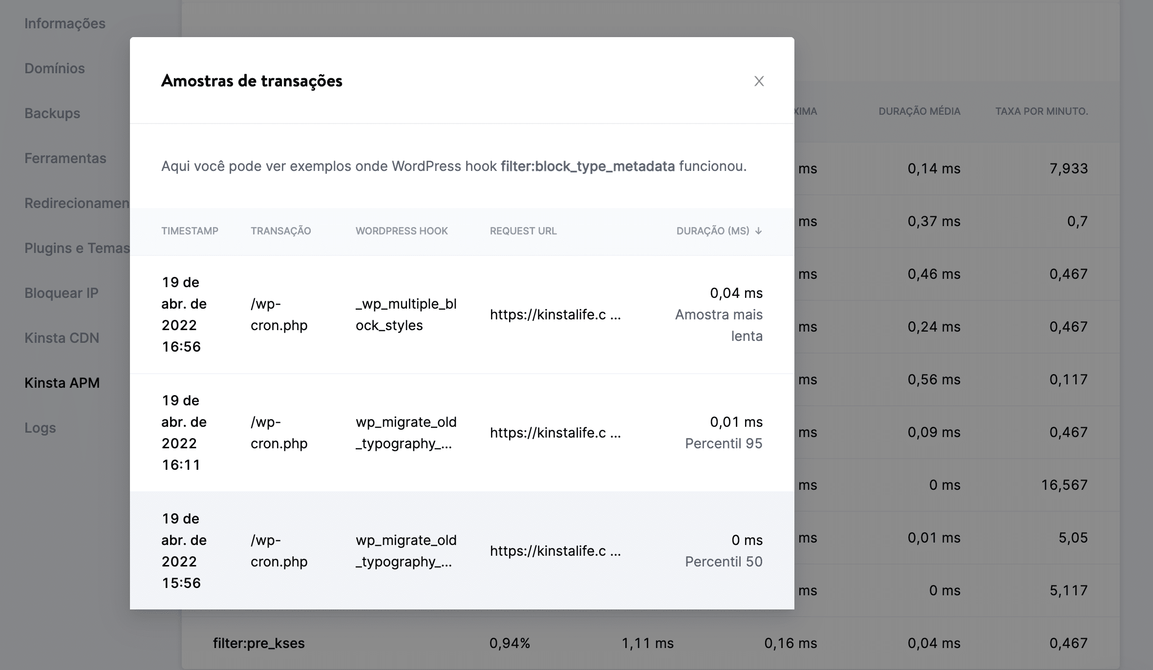 Ver amostras de transações de um gancho lento com Kinsta APM.