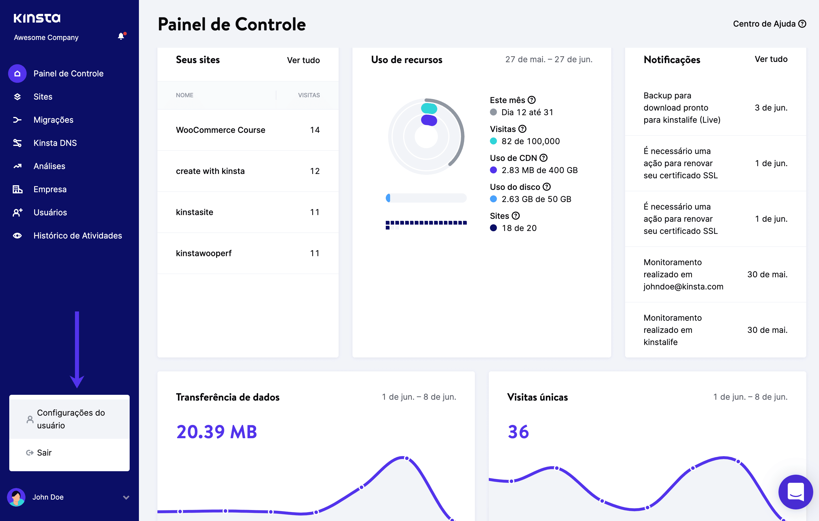 Configurações do usuário MyKinsta