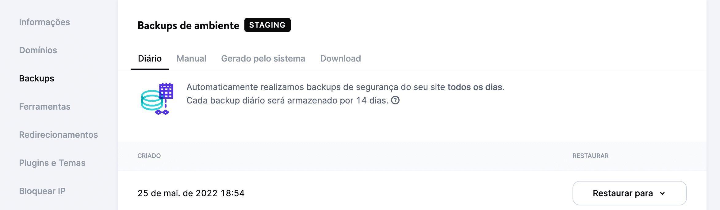 A página de backups Ambientais dentro do MyKinsta.