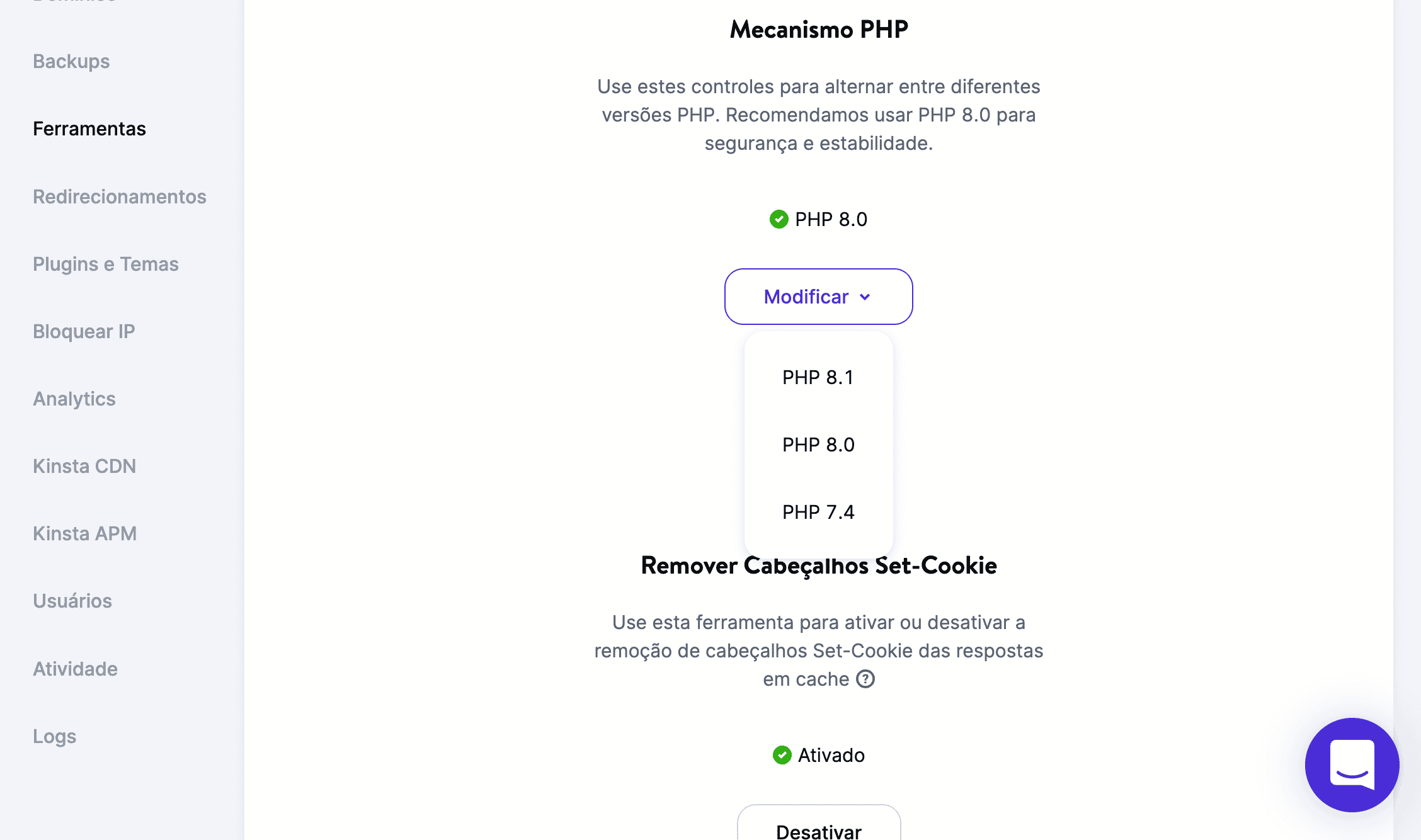 Versões PHP no MyKinsta