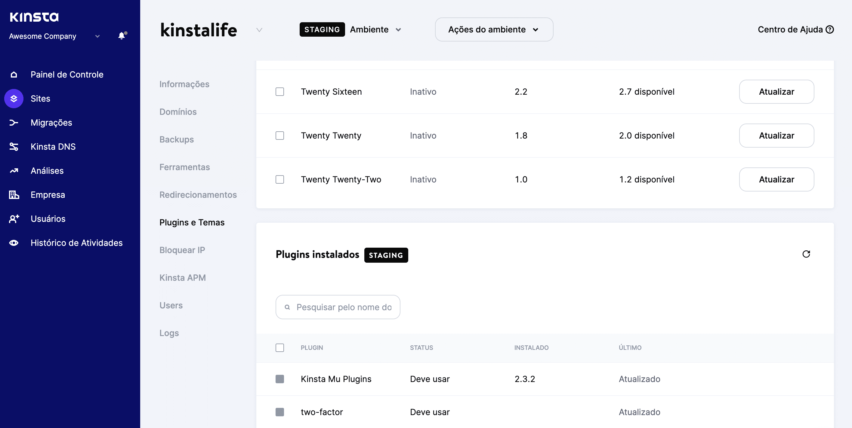 A tela MyKinsta Plugins e Temas