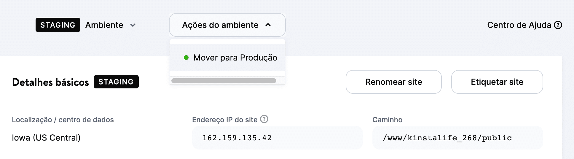 A opção Push to Live dentro do menu de ação Ambiente