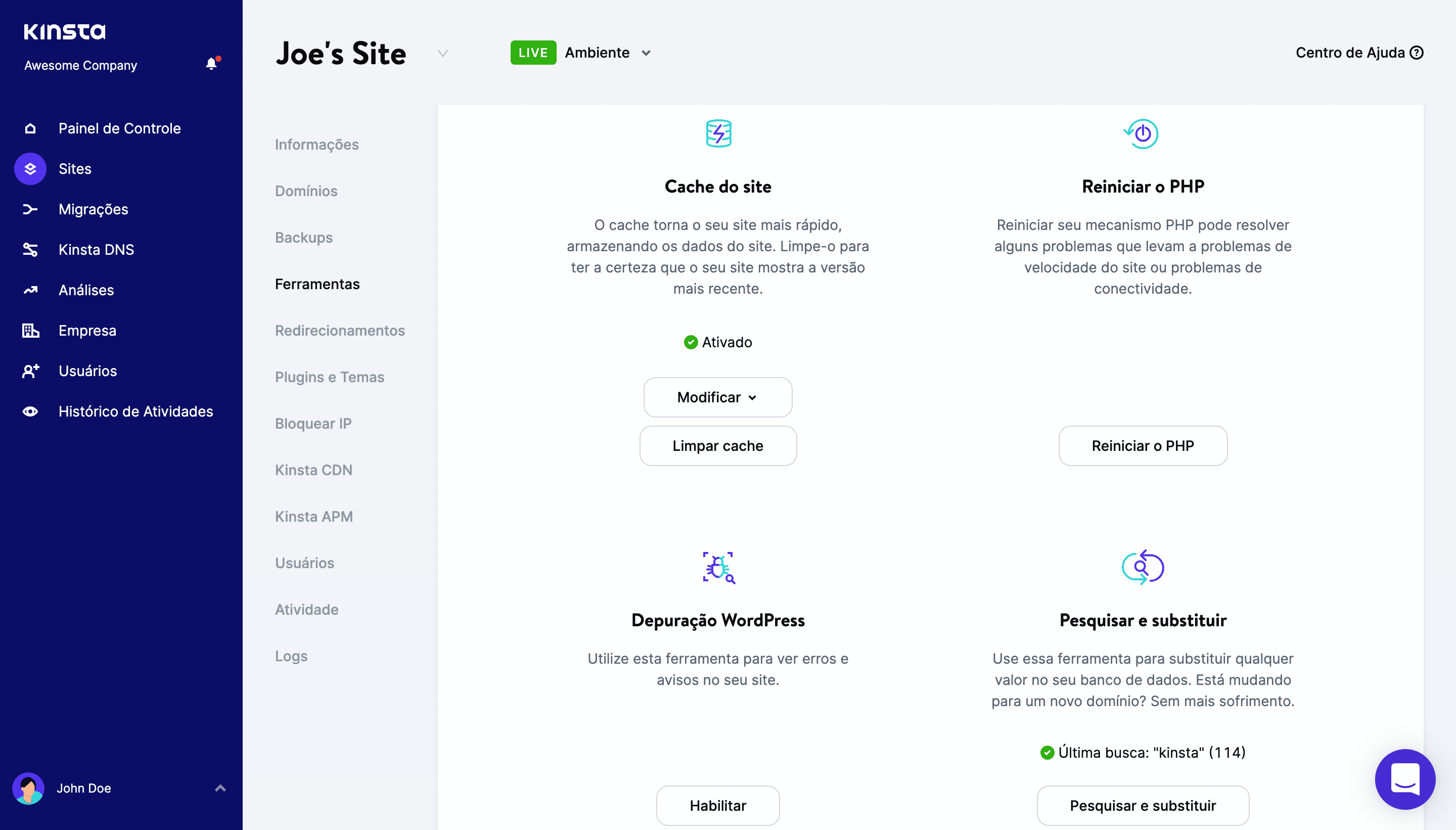 Localizar e clique na aba "Ferramentas" no MyKinsta