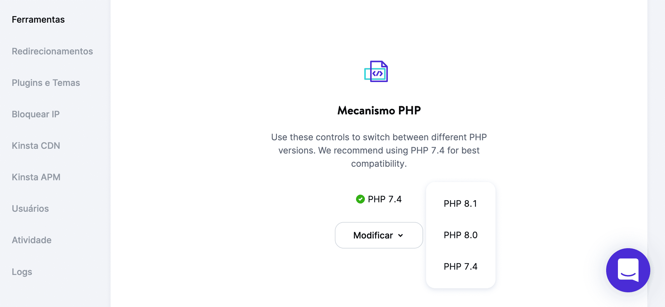 Atualização do PHP usando a plataforma MyKinsta