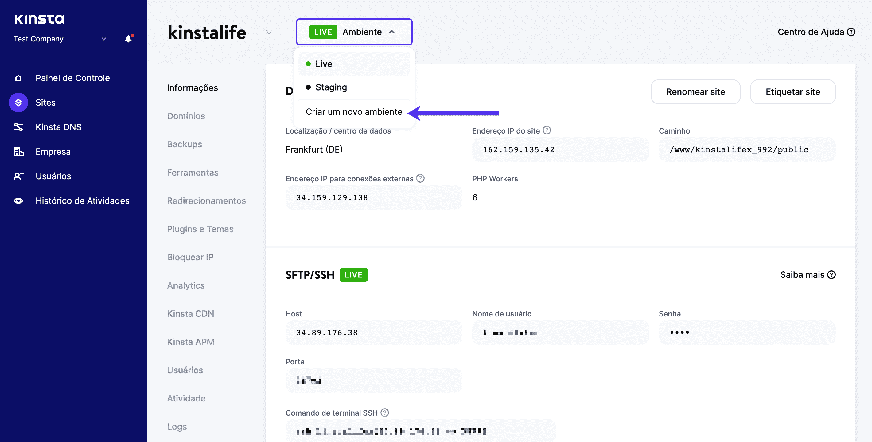 Criando um novo ambiente de teste no MyKinsta