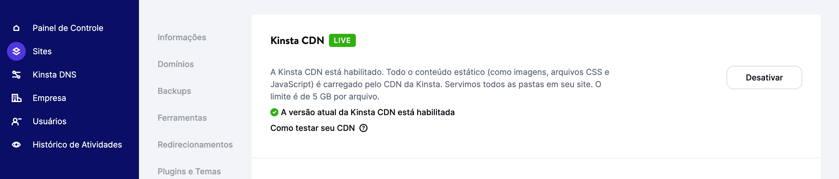 Desabilite a integração CDN para seu website usando o painel MyKinsta