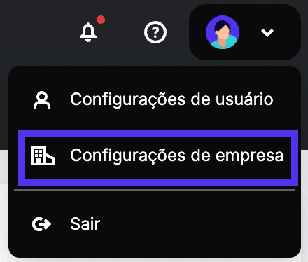 Acesso às configurações de empresa a partir da barra de navegação superior