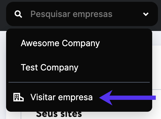 Link para configurações da empresa a partir da lista suspensa da empresa