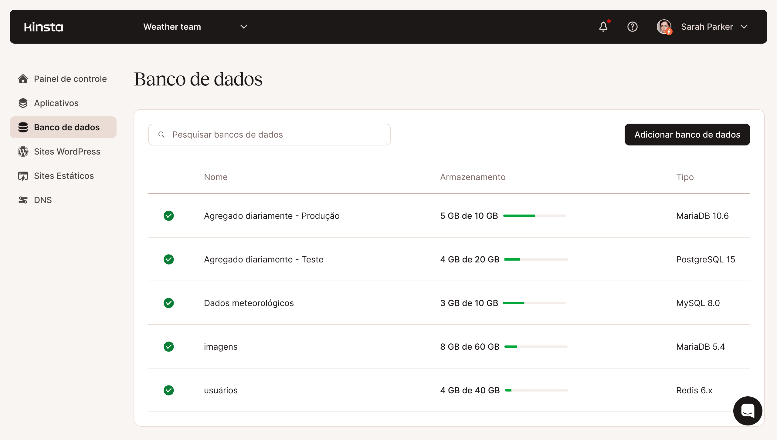 Captura de tela da funcionalidade de gerenciamento de banco de dados do MyKinsta