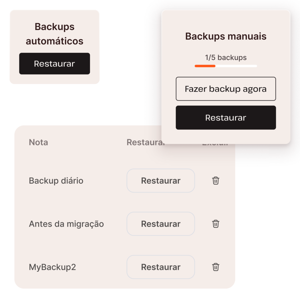 Capturas de tela mostrando a funcionalidade de backup do banco de dados