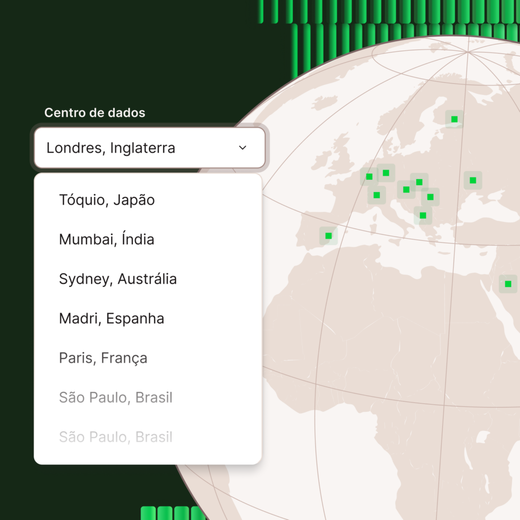 Globo mostrando os locais dos centros de dados do banco de dados