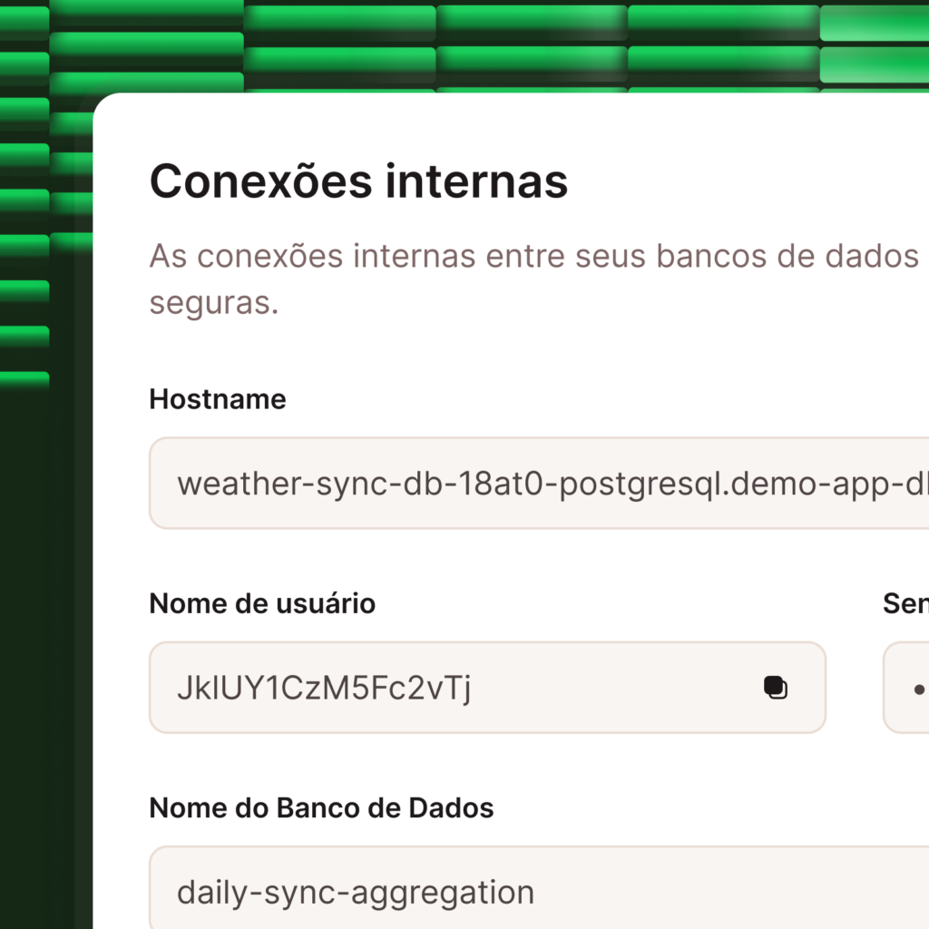 Captura de tela mostrando as opções de conexões internas do banco de dados
