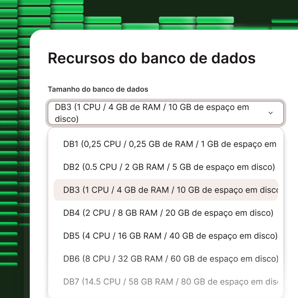 Captura de tela mostrando o seletor para diferentes níveis de recursos do banco de dados