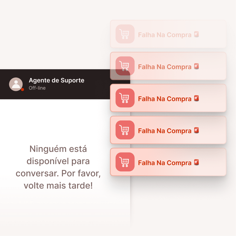 Janela de chat de suporte offline exibindo “Ninguém disponível para conversar” ao lado de várias notificações de “Compra falhou”, simbolizando a perda de vendas e a ausência de suporte ao cliente.