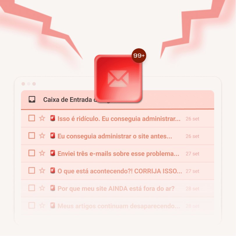 Caixa de entrada da agência transbordando de e-mails de clientes irritados e um ícone vermelho de alerta, representando a frustração dos clientes e as agências sendo culpadas pelo tempo de inatividade.