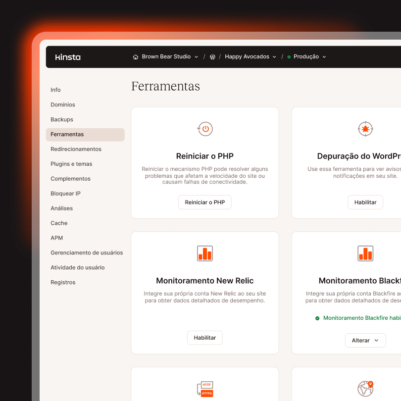 O painel do MyKinsta oferece aos usuários controle total