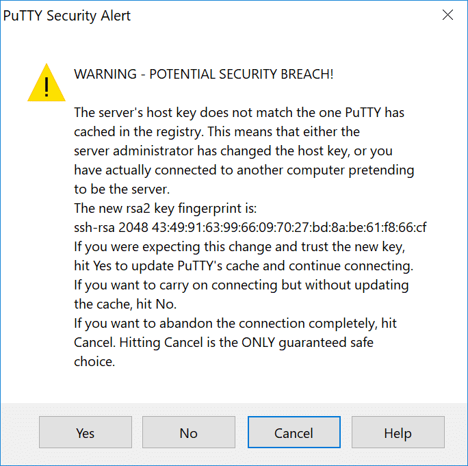 Klicka på Ja i PuTTY’s säkerhetsavisering för en ändring av nycklar.