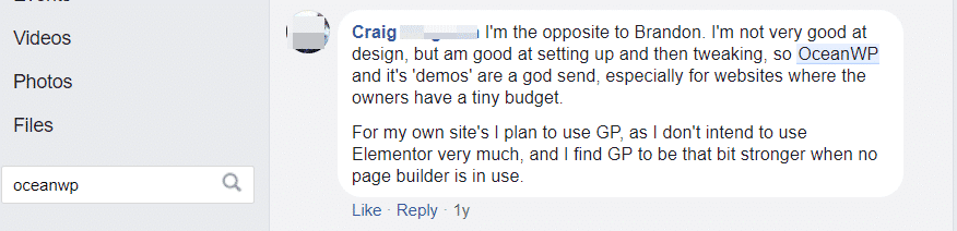 En annan kommentar i Elementor Community Facebook-gruppen