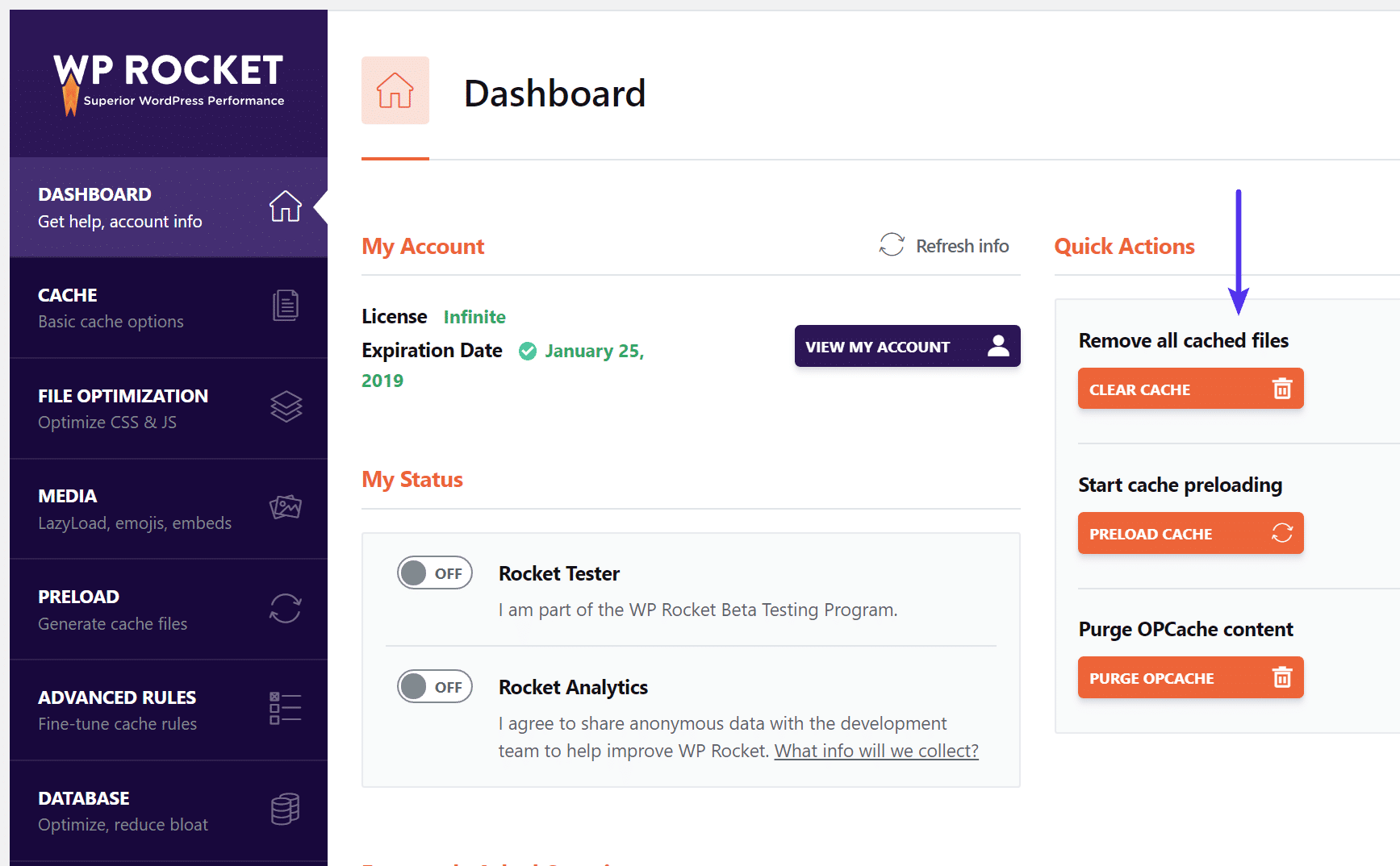 WP Rocket ta bort alla cachade filer