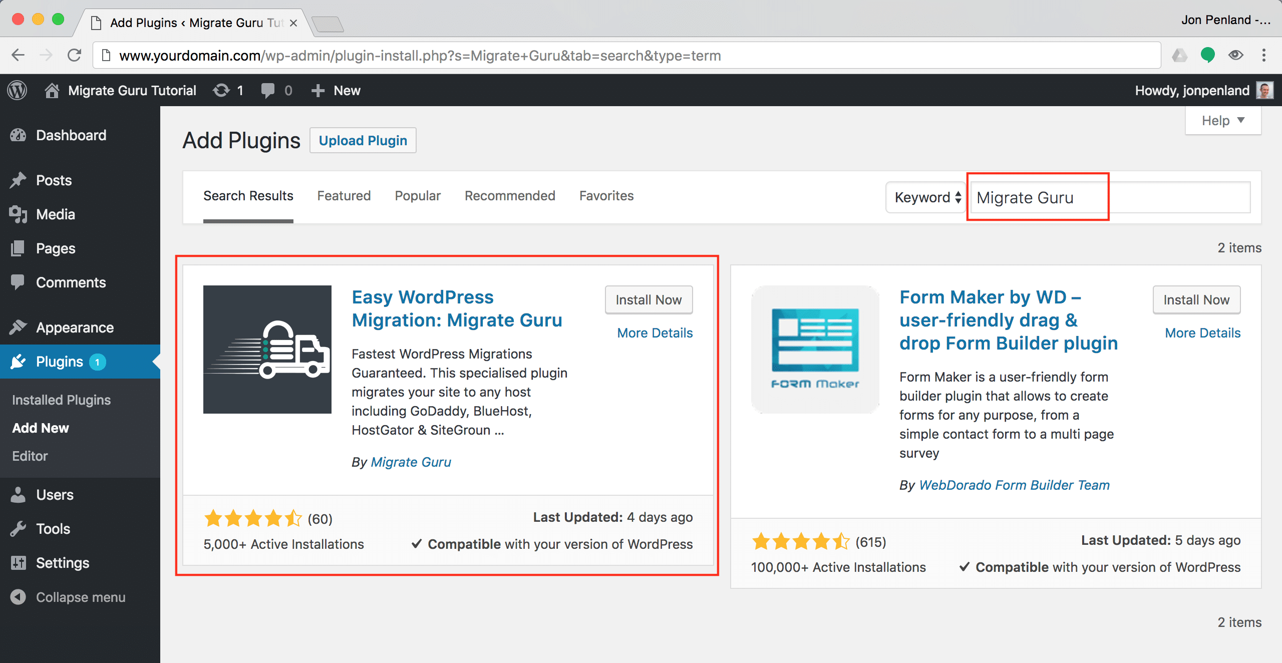När du har hittat Migrate Guru gå vidare och installera plugin.