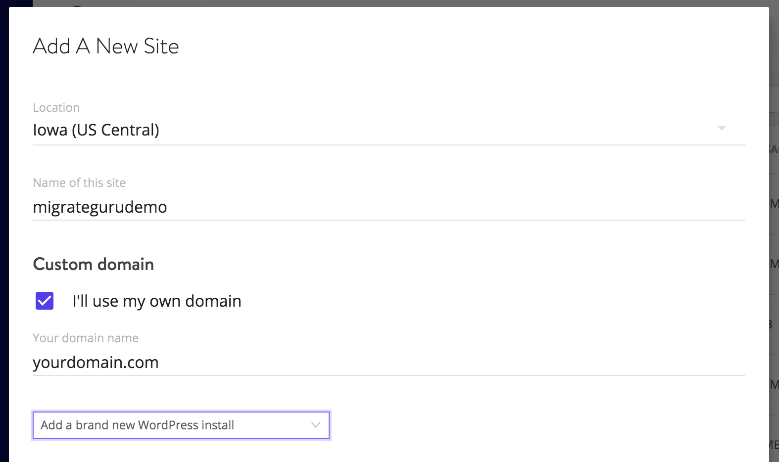 Se till att du installerar WordPress när du lägger till en webbplats som ska användas med Migrate Guru
