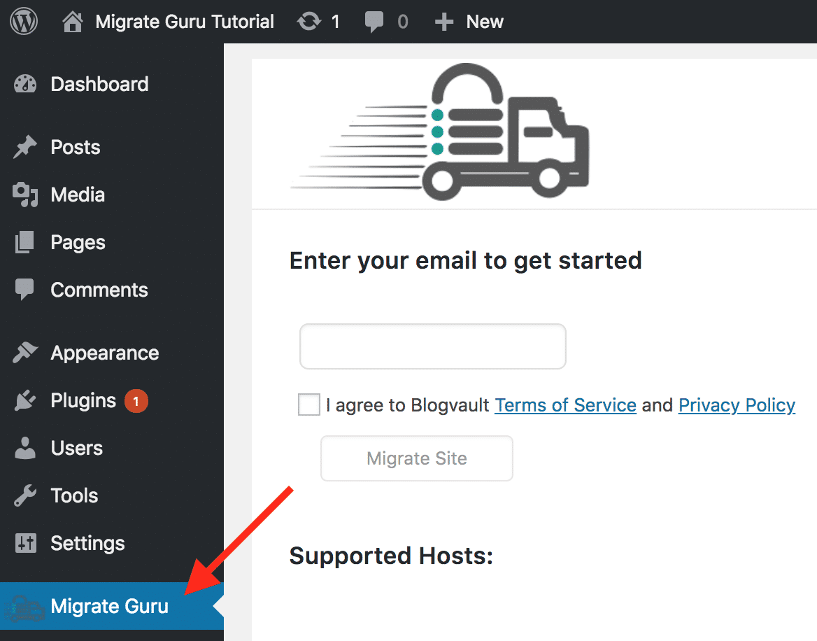 Migrats Guru’s menyalternativ tar dig till plugin gränssnittet.