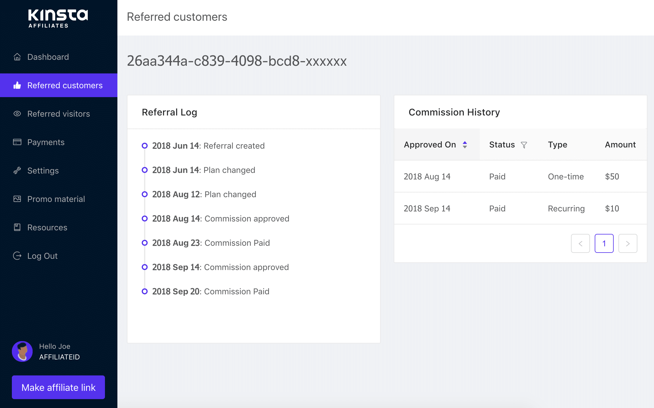 Kinsta affiliatesystem hänvisade kunder