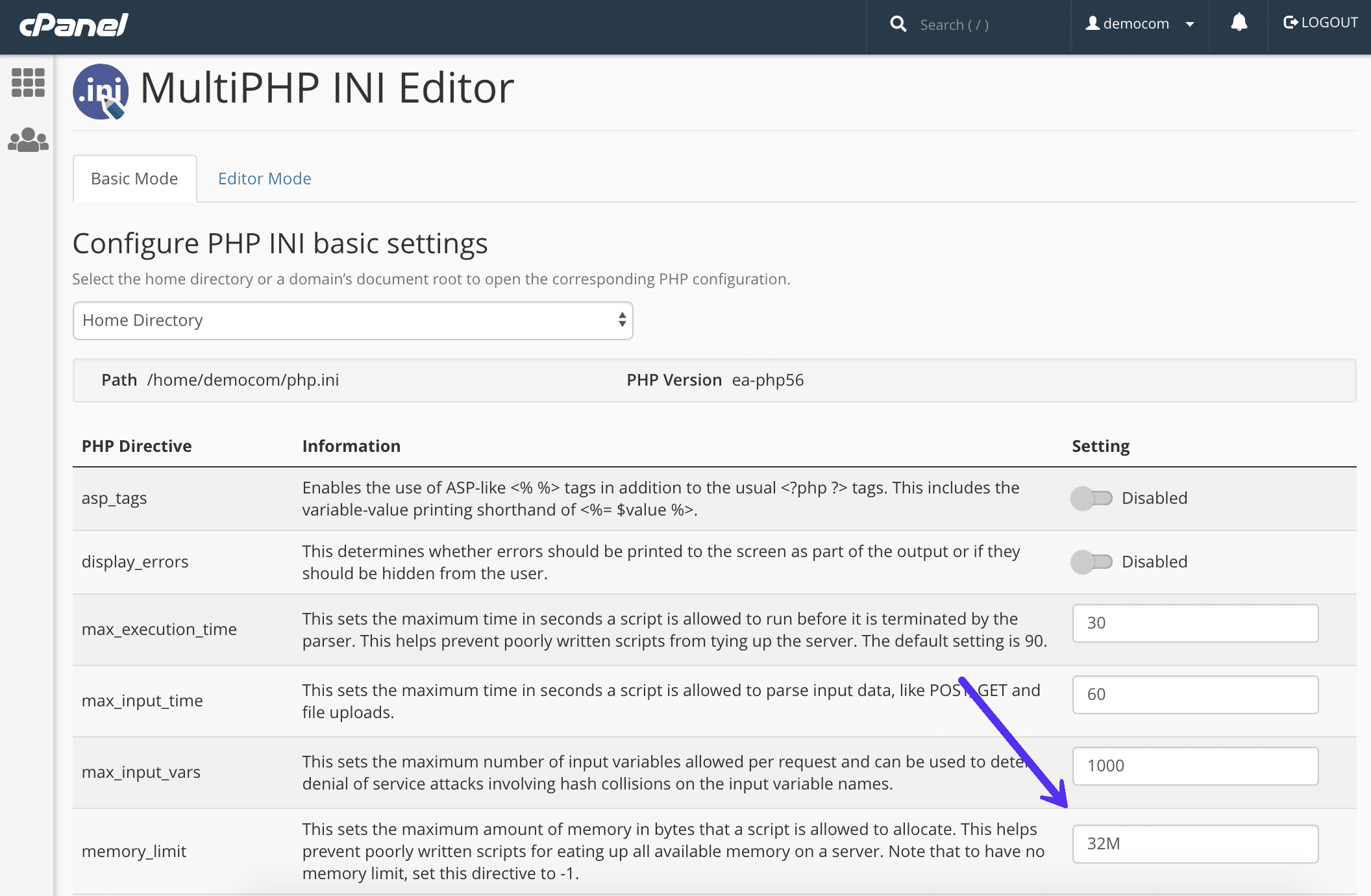 Öka PHP-minnesgränsen i cPanel