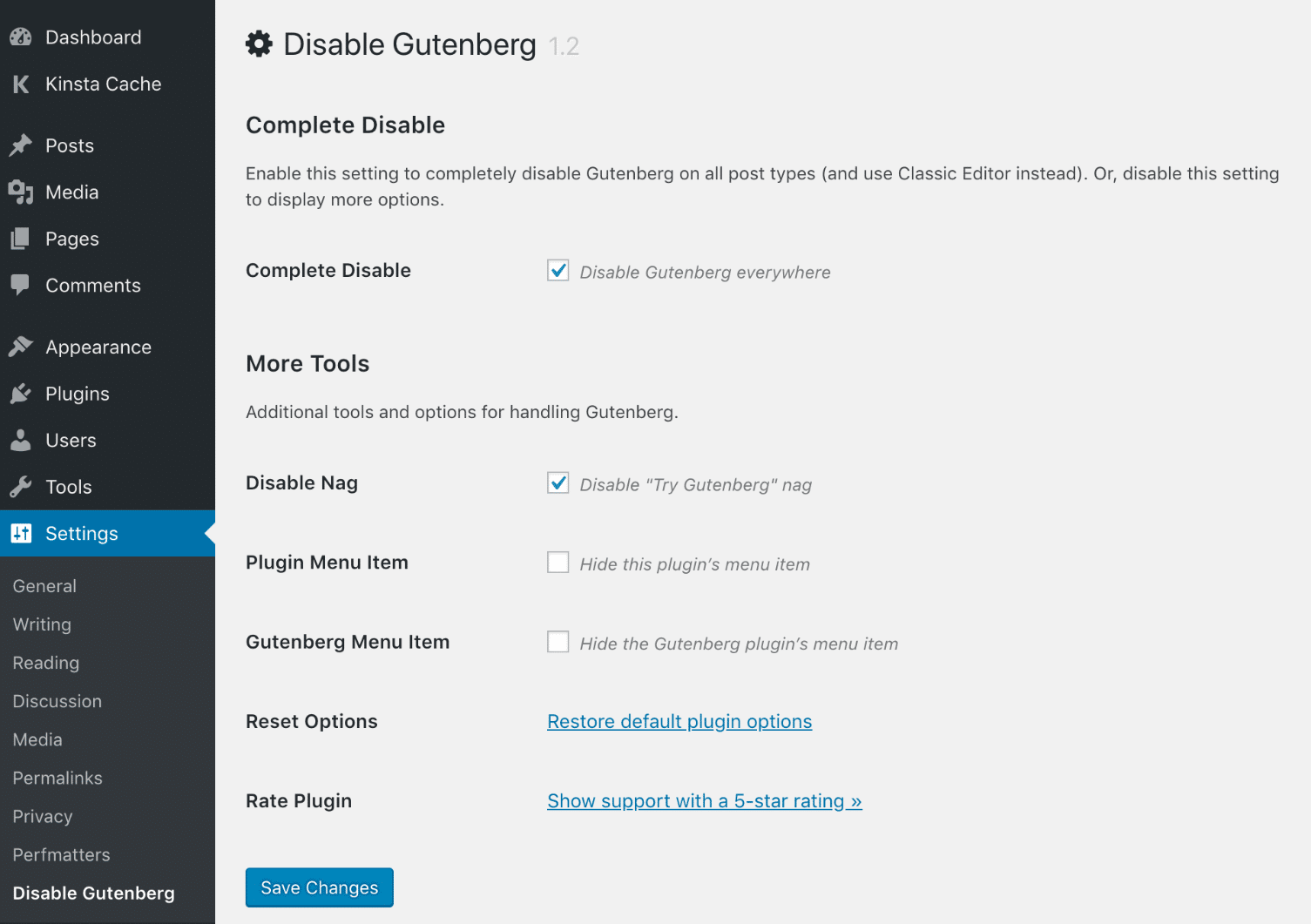 Disable Gutenberg standardinställningar